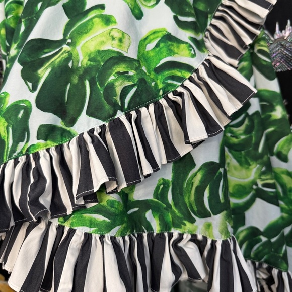 Caroline Constas Maxi High Low Skirt Palm Leaf Print Striped Ruffle Trim Size M - Picture 5 of 8
